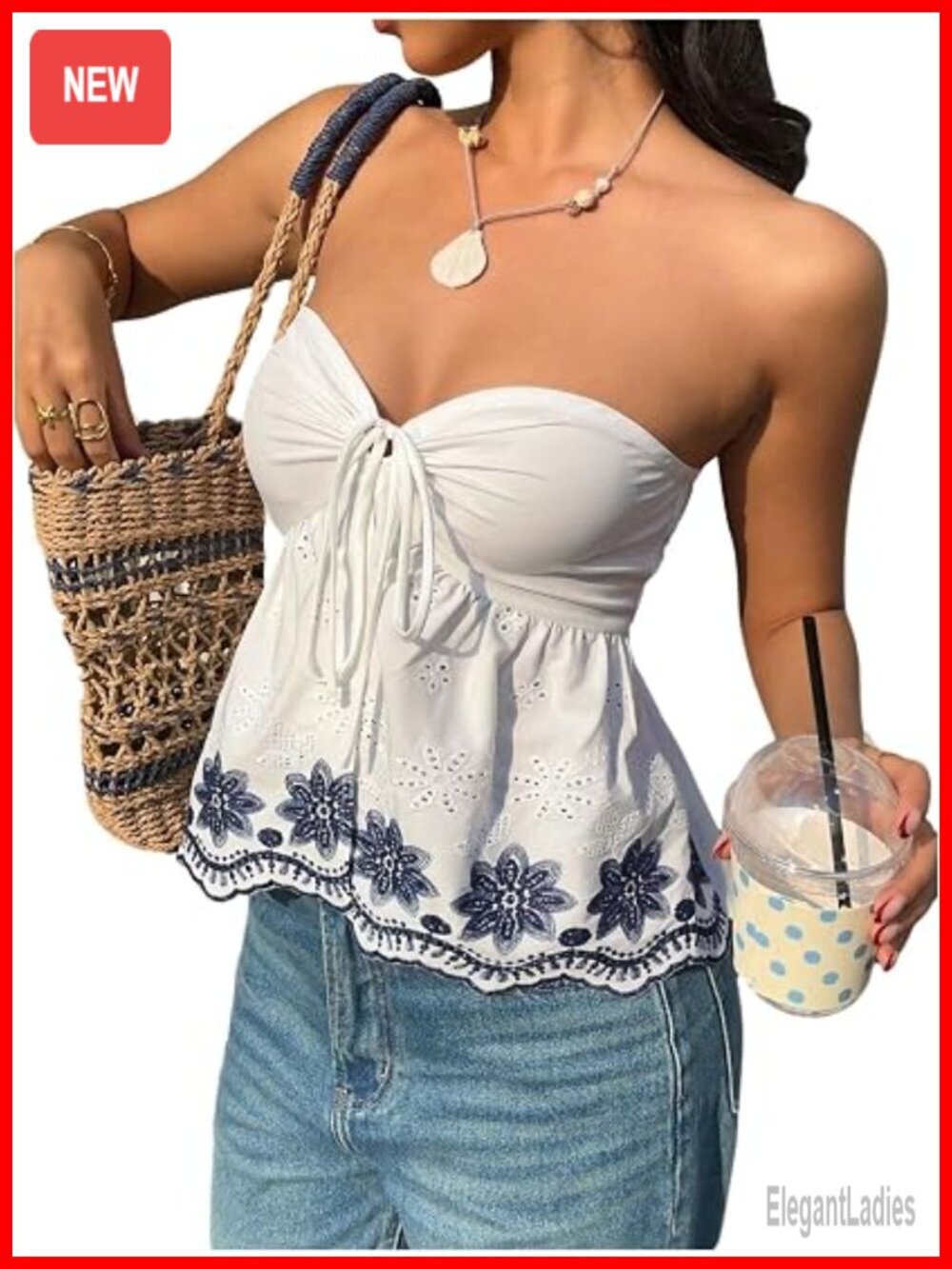 Strapless Babydoll Peplum Top Eyelet Flower Tie Front Tube Top Going Out Date